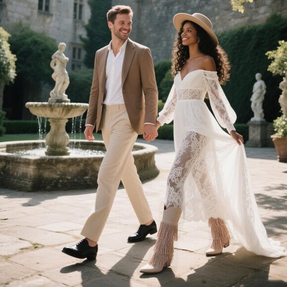 Women Retro Pointed Faux Suede Apricot Fringe Knee High Western Cowgirl Boot - Picture 7 of 8